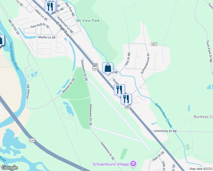 map of restaurants, bars, coffee shops, grocery stores, and more near 1608 East High Avenue in New Philadelphia