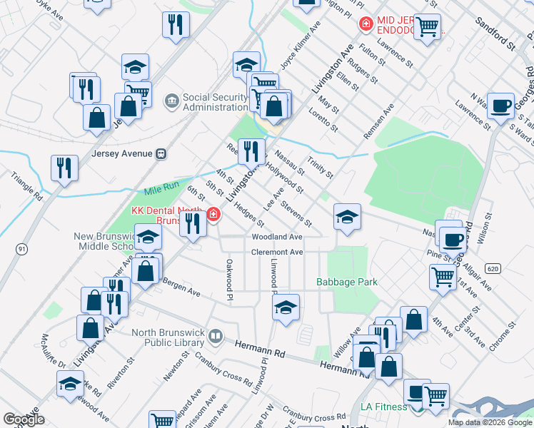 map of restaurants, bars, coffee shops, grocery stores, and more near 901 Lee Avenue in North Brunswick Township