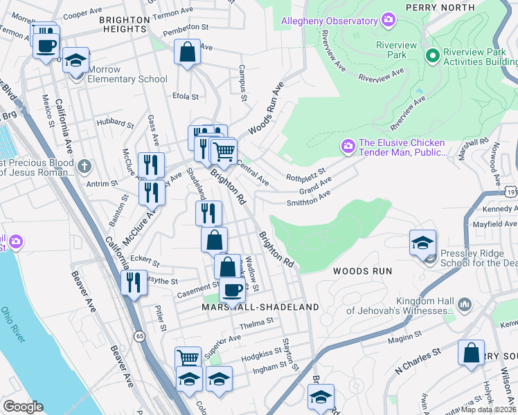 map of restaurants, bars, coffee shops, grocery stores, and more near 1116 Smithton Avenue in Pittsburgh