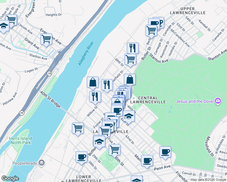 map of restaurants, bars, coffee shops, grocery stores, and more near 148 Holly Way in Pittsburgh