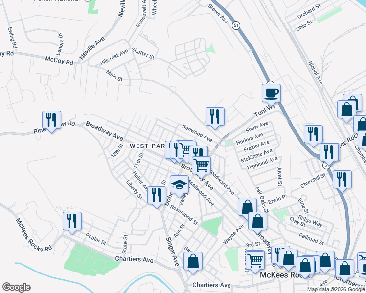 map of restaurants, bars, coffee shops, grocery stores, and more near 803 8th Street in McKees Rocks