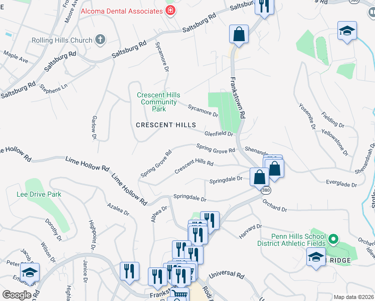 map of restaurants, bars, coffee shops, grocery stores, and more near 136 Spring Grove Road in Pittsburgh