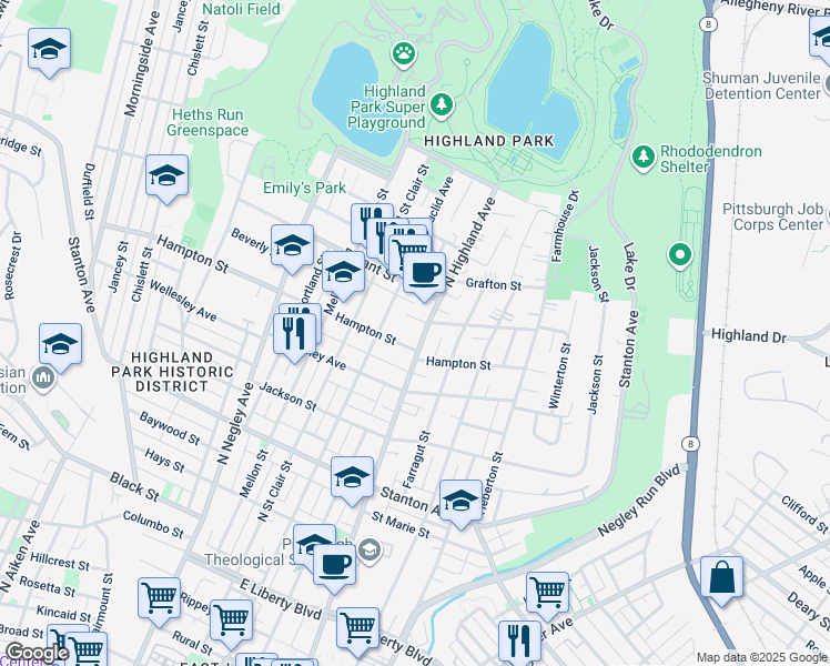map of restaurants, bars, coffee shops, grocery stores, and more near 5914 Bryant Court in Pittsburgh