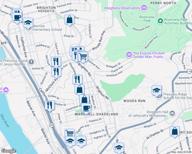 map of restaurants, bars, coffee shops, grocery stores, and more near 1116 Smithton Avenue in Pittsburgh