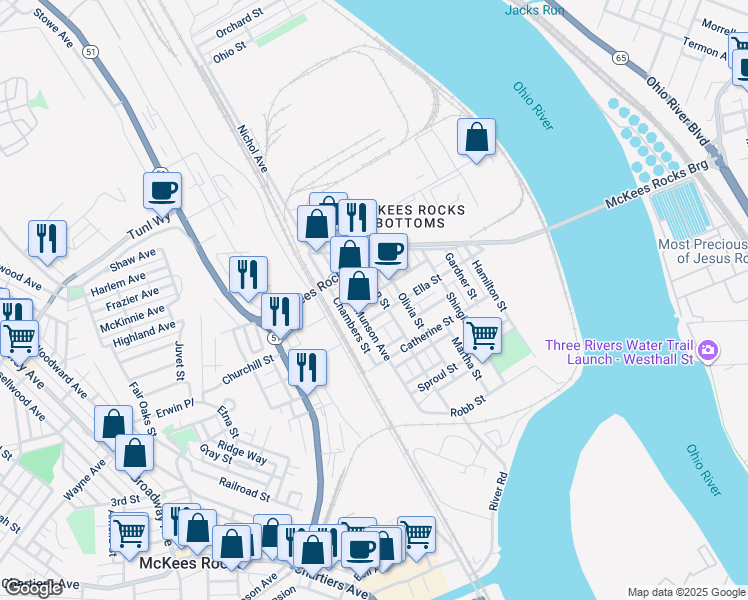 map of restaurants, bars, coffee shops, grocery stores, and more near 321 Helen Street in McKees Rocks