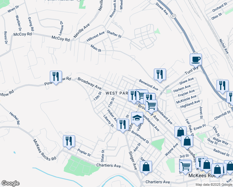 map of restaurants, bars, coffee shops, grocery stores, and more near 935 Woodward Avenue in McKees Rocks