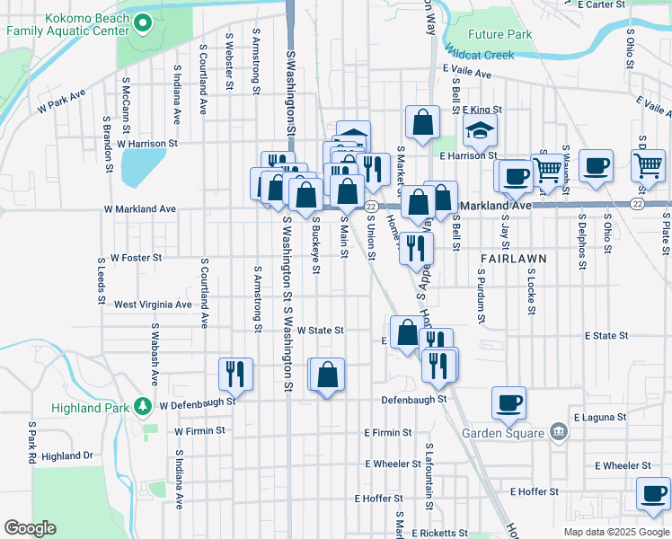 map of restaurants, bars, coffee shops, grocery stores, and more near 1109 South Main Street in Kokomo