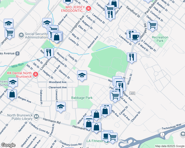 map of restaurants, bars, coffee shops, grocery stores, and more near 815 Nassau Street in North Brunswick Township