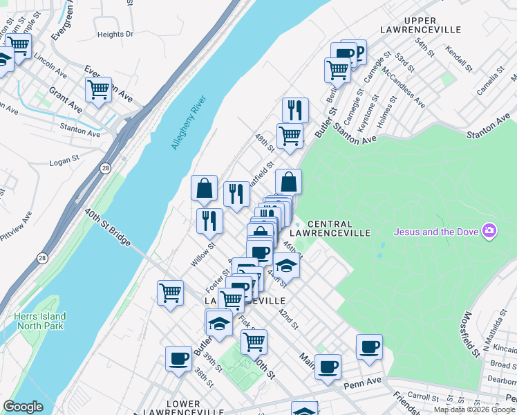 map of restaurants, bars, coffee shops, grocery stores, and more near 148 Holly Way in Pittsburgh