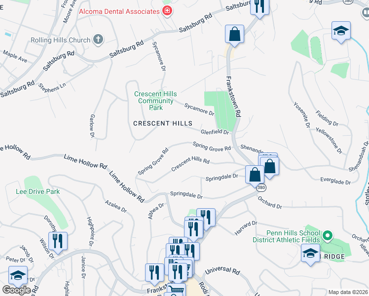 map of restaurants, bars, coffee shops, grocery stores, and more near 136 Spring Grove Road in Pittsburgh
