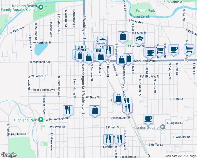 map of restaurants, bars, coffee shops, grocery stores, and more near 1109 South Main Street in Kokomo