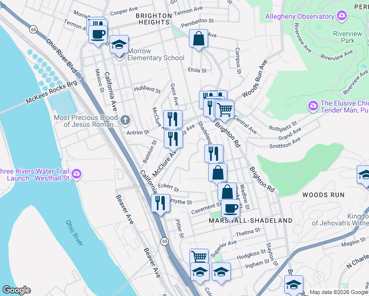 map of restaurants, bars, coffee shops, grocery stores, and more near 1325 Malden Street in Pittsburgh