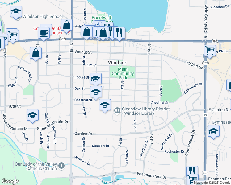 map of restaurants, bars, coffee shops, grocery stores, and more near 301 Oak Street in Windsor