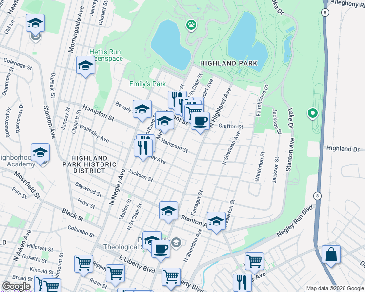 map of restaurants, bars, coffee shops, grocery stores, and more near 5914 Bryant Court in Pittsburgh