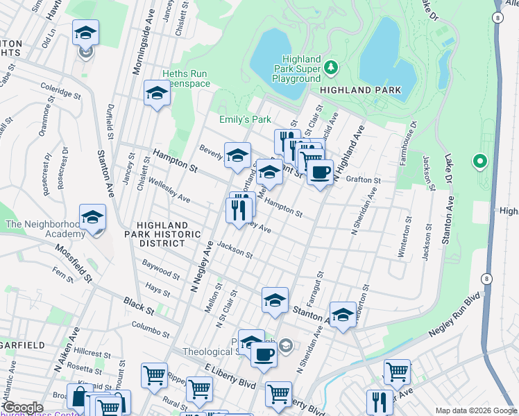 map of restaurants, bars, coffee shops, grocery stores, and more near 1023 Mellon Street in Pittsburgh