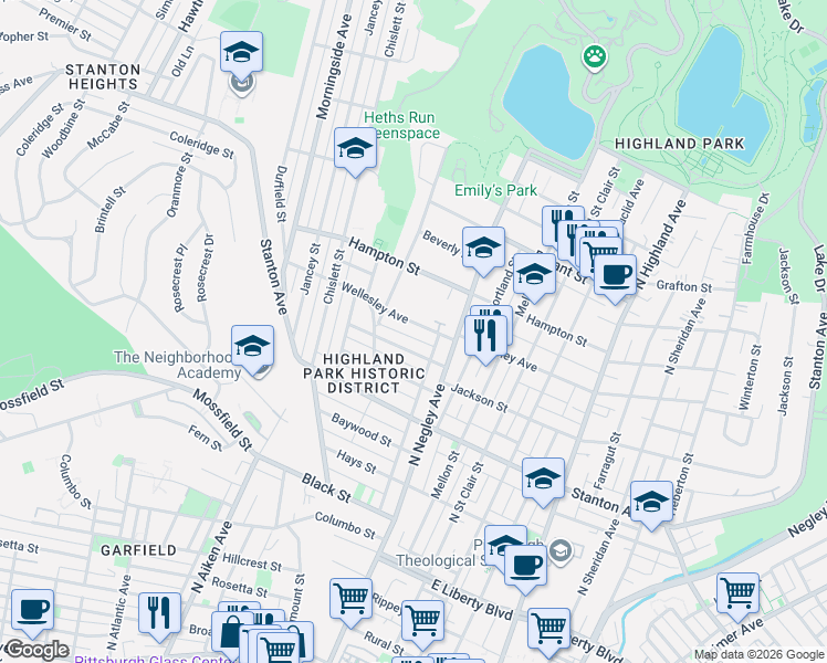 map of restaurants, bars, coffee shops, grocery stores, and more near 5514 Wellesley Avenue in Pittsburgh