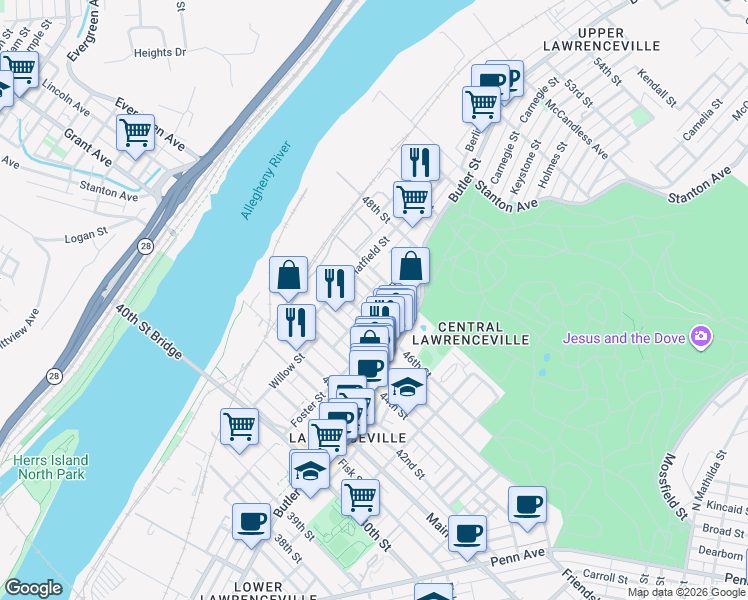 map of restaurants, bars, coffee shops, grocery stores, and more near 148 Holly Way in Pittsburgh