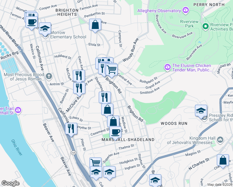 map of restaurants, bars, coffee shops, grocery stores, and more near 3121 Brighton Road in Pittsburgh