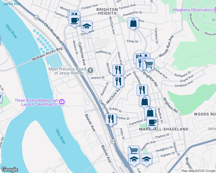 map of restaurants, bars, coffee shops, grocery stores, and more near 3261 Bainton Street in Pittsburgh