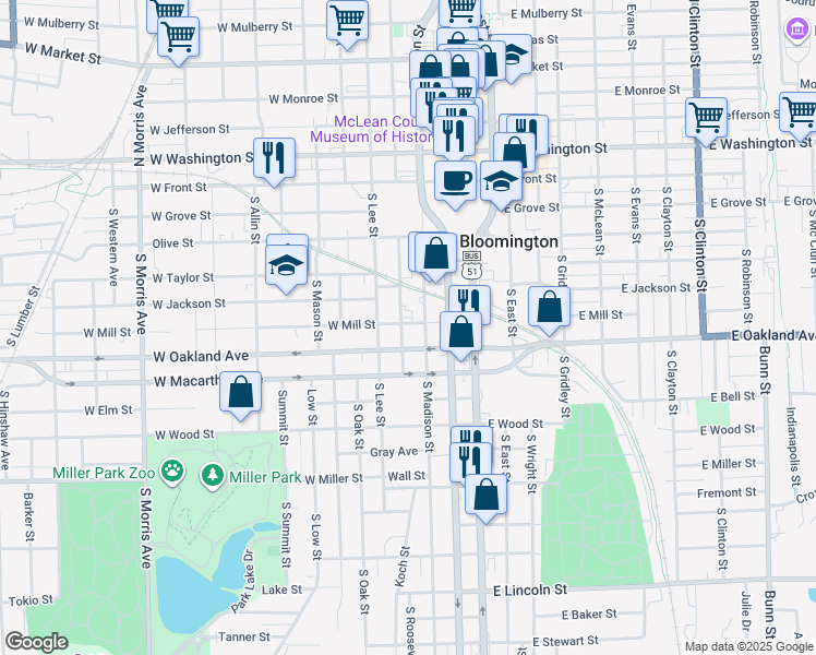 map of restaurants, bars, coffee shops, grocery stores, and more near 401 West Mill Street in Bloomington