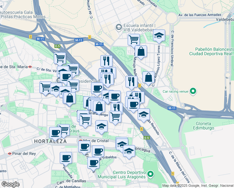 map of restaurants, bars, coffee shops, grocery stores, and more near 7 Calle Vía de los Poblados in Madrid