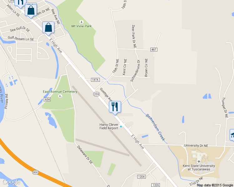 map of restaurants, bars, coffee shops, grocery stores, and more near 156 17th Street Northeast in New Philadelphia