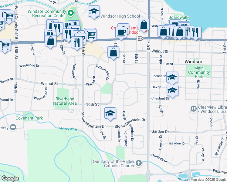 map of restaurants, bars, coffee shops, grocery stores, and more near 531 10th Street in Windsor