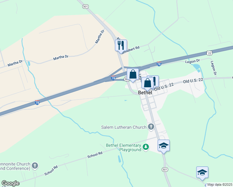 map of restaurants, bars, coffee shops, grocery stores, and more near 9735 Old U.S. 22 in Bethel