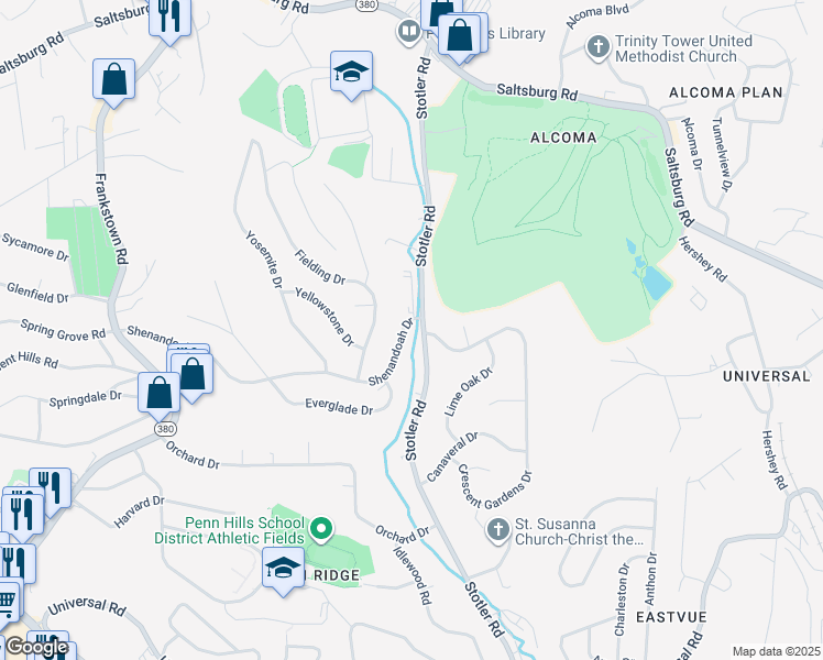 map of restaurants, bars, coffee shops, grocery stores, and more near 350 Shenandoah Drive in Pittsburgh