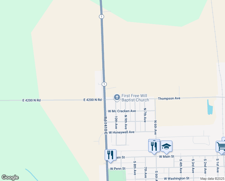 map of restaurants, bars, coffee shops, grocery stores, and more near 615 North Dixie Highway in Hoopeston
