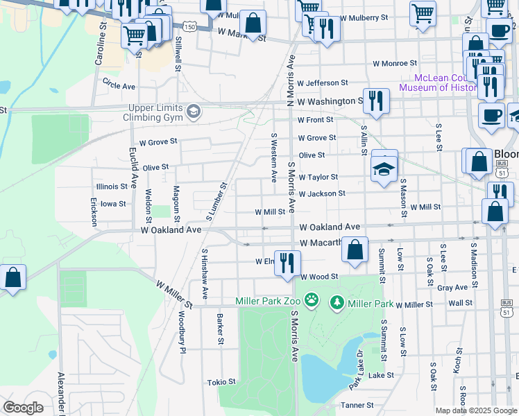 map of restaurants, bars, coffee shops, grocery stores, and more near 1101 West Mill Street in Bloomington