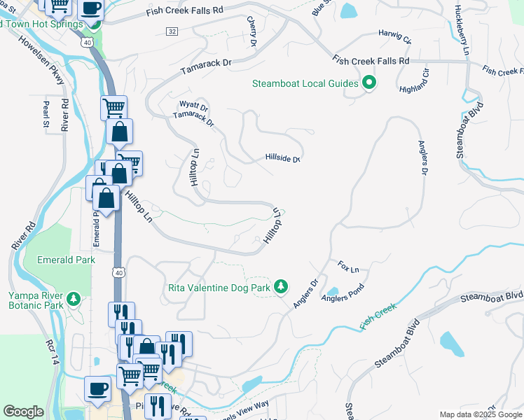 map of restaurants, bars, coffee shops, grocery stores, and more near 755 Hilltop Lane in Steamboat Springs