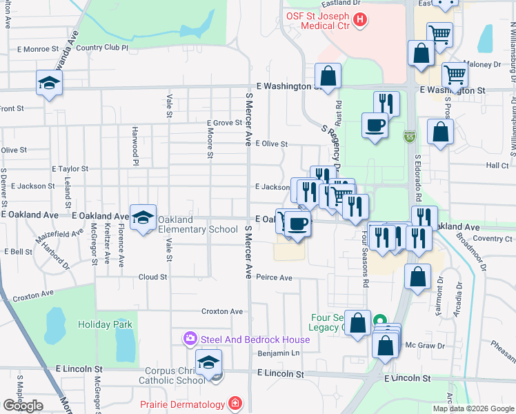 map of restaurants, bars, coffee shops, grocery stores, and more near 2107 Eastgate Place in Bloomington