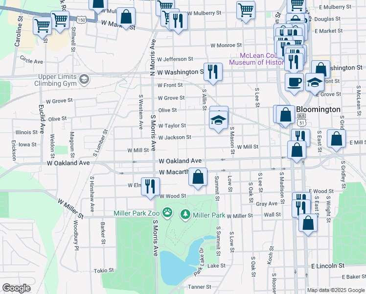 map of restaurants, bars, coffee shops, grocery stores, and more near 819 West Mill Street in Bloomington