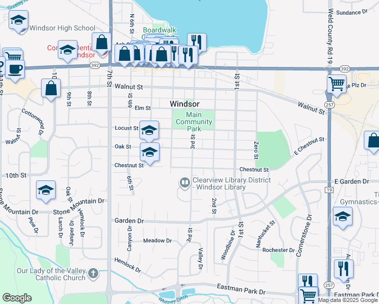 map of restaurants, bars, coffee shops, grocery stores, and more near 301 Oak Street in Windsor