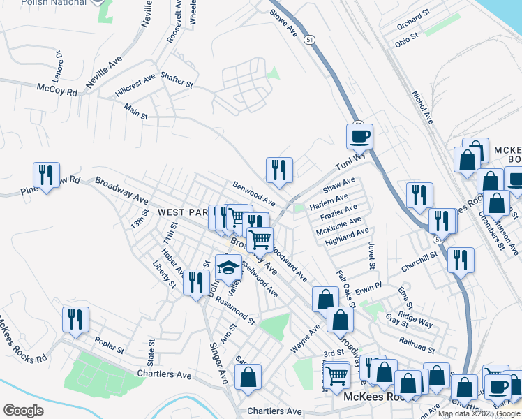 map of restaurants, bars, coffee shops, grocery stores, and more near 724A Ridge Avenue in McKees Rocks