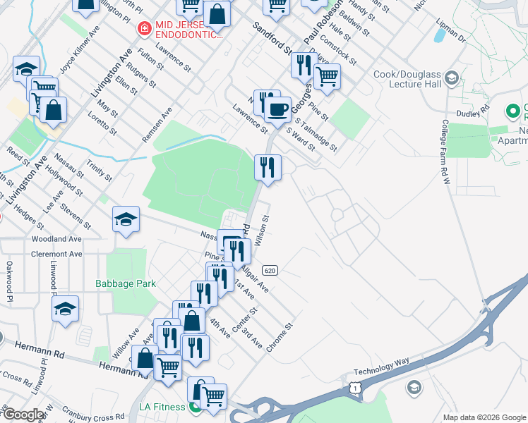 map of restaurants, bars, coffee shops, grocery stores, and more near 19 Wilson Street in North Brunswick Township