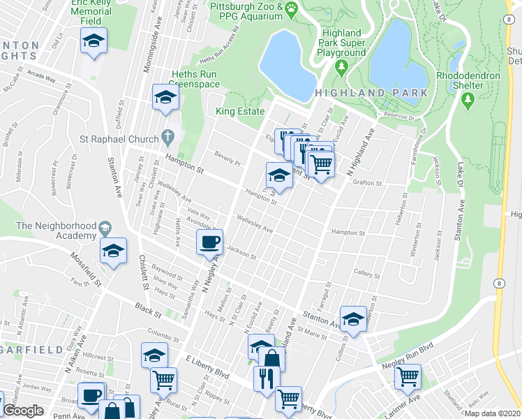 map of restaurants, bars, coffee shops, grocery stores, and more near 1023 Mellon Street in Pittsburgh