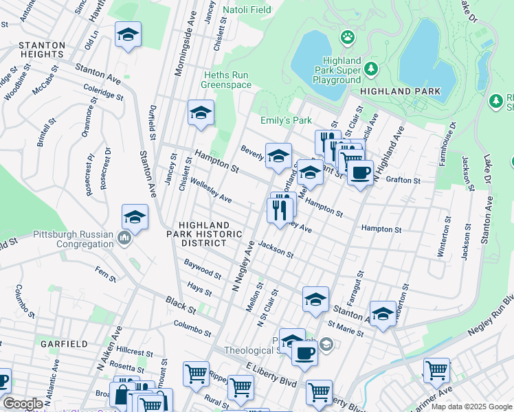 map of restaurants, bars, coffee shops, grocery stores, and more near 5545 Wellesley Avenue in Pittsburgh