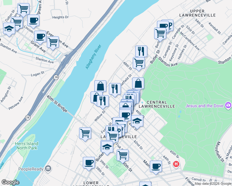 map of restaurants, bars, coffee shops, grocery stores, and more near 4501 Hatfield Street in Pittsburgh