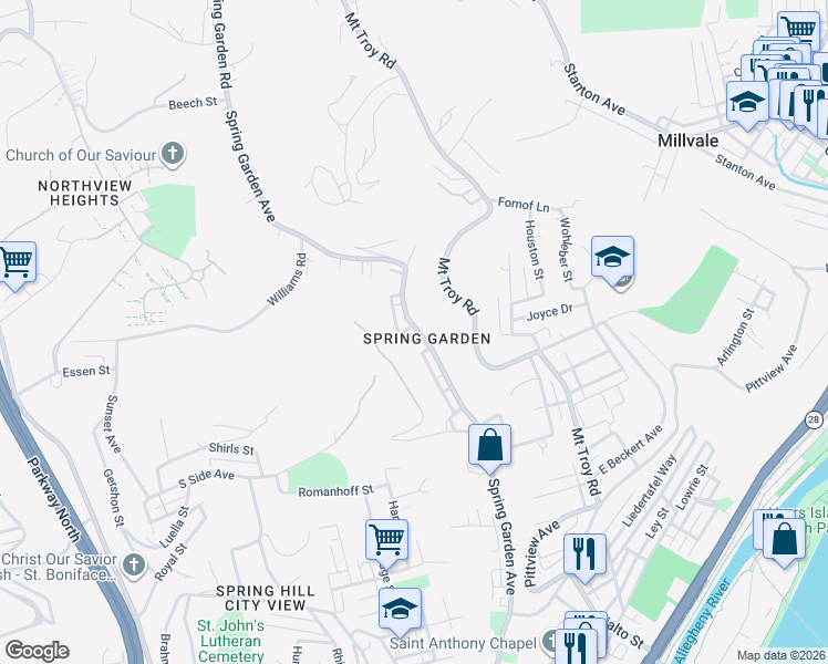 map of restaurants, bars, coffee shops, grocery stores, and more near in Pittsburgh