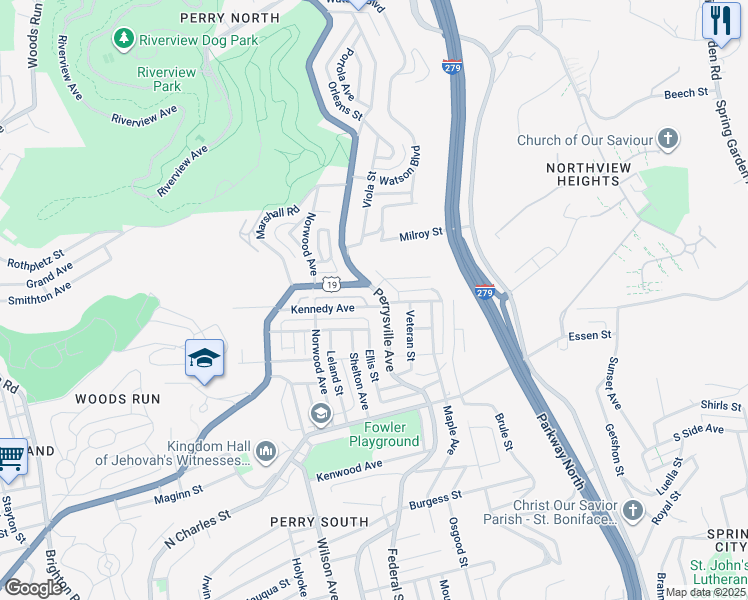 map of restaurants, bars, coffee shops, grocery stores, and more near 103 U.S. 19 in Pittsburgh