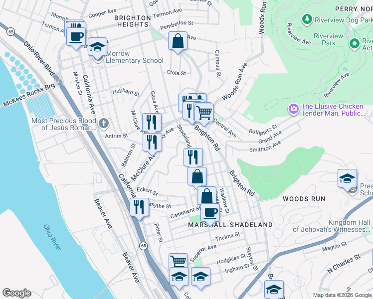 map of restaurants, bars, coffee shops, grocery stores, and more near 1329 Geyer Avenue in Pittsburgh