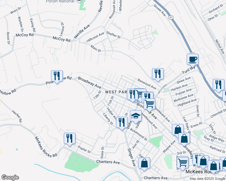 map of restaurants, bars, coffee shops, grocery stores, and more near 935 Woodward Avenue in McKees Rocks