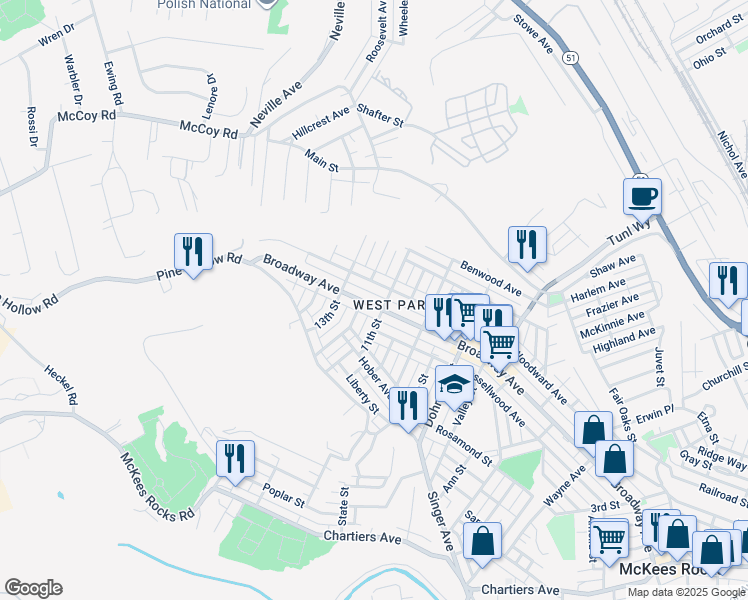 map of restaurants, bars, coffee shops, grocery stores, and more near 1204 Broadway Avenue in McKees Rocks