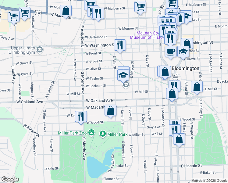 map of restaurants, bars, coffee shops, grocery stores, and more near 805 West Mill Street in Bloomington