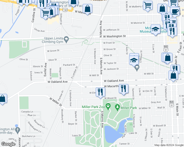 map of restaurants, bars, coffee shops, grocery stores, and more near 1101 West Mill Street in Bloomington