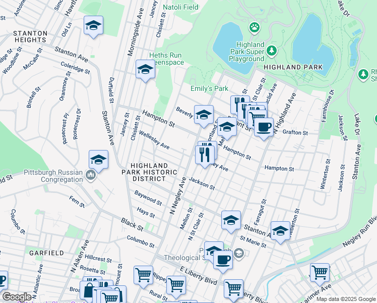 map of restaurants, bars, coffee shops, grocery stores, and more near 5545 Wellesley Avenue in Pittsburgh
