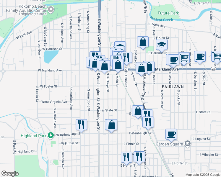 map of restaurants, bars, coffee shops, grocery stores, and more near 1109 South Main Street in Kokomo