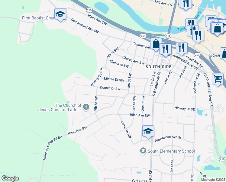 map of restaurants, bars, coffee shops, grocery stores, and more near 456 Donald Drive Southwest in New Philadelphia